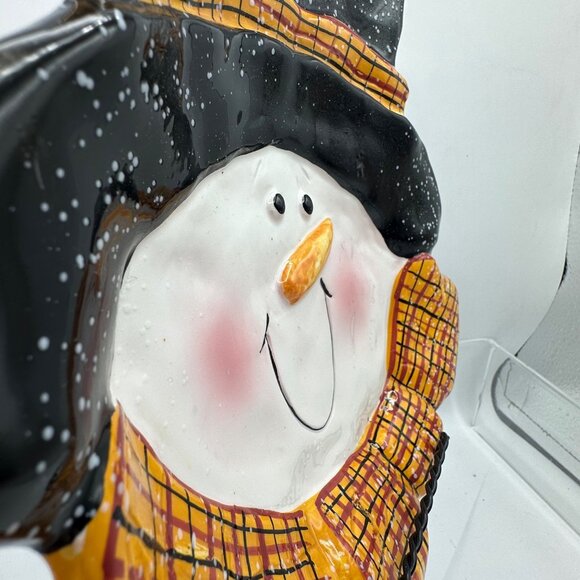 Christmas Snowman Candy Dish Plate Ceramic Pottery Trinket Scarf Yellow Black - Picture 12 of 12